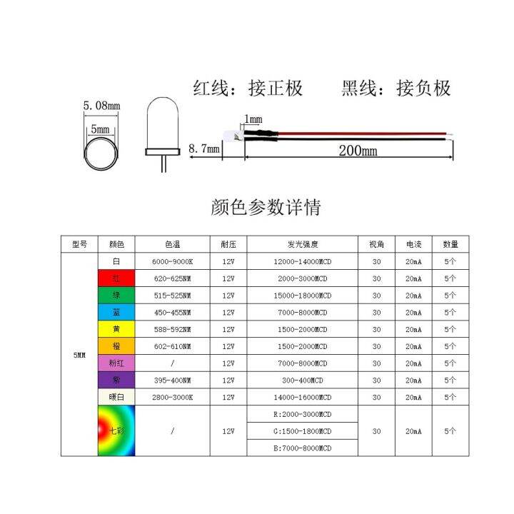 50pcs-10color-12v-5mm-blinking-prewired-led-diode-box-kit-warm-white-red-green-blue-yellow-rgb-fast-flash-orange-purple-uv-pinkelectrical-circuitry-pa