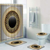 Stylish Grecian Greek Key Meanders Mandala Pattern Shower Curtain and Rug Set Abstract Geometric Bathroom Mats Rugs Toilet Decor