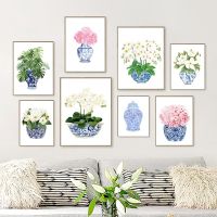 สีฟ้าและสีขาวจีน Magnolia ไฮเดรนเยียพิมพ์ Chinoiserie Art ภาพวาดผ้าใบ Gallery Wall Art ภาพโปสเตอร์ Trendy Wall Decor