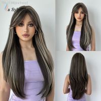 La Sylphide Long Straight Ombre Brown and Blonde Wig with Side Bangs Natural Layered Synthetic Wigs Daily Heat Resistant Hair [ Hot sell ] ea1voy