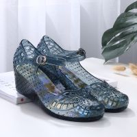 【September】 Plastic sandals femalewedge heel shallow mouth transparent crystal shoes middle-aged and elderly flat soft hollow breathable jelly shoes