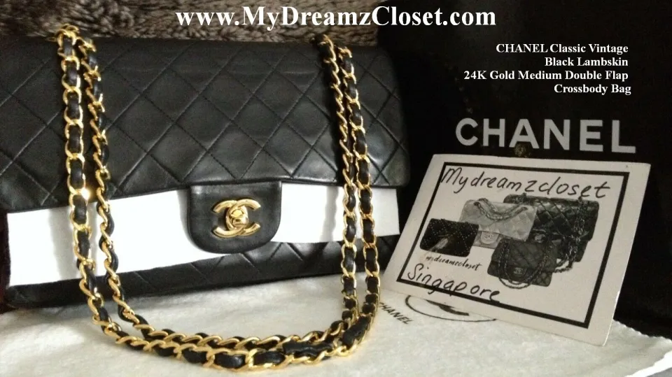 SOLD - CHANEL Classic Vintage Black Lambskin 24K Gold Medium Double Flap  Crossbody Bag