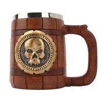 High Capacity Skull Mug Cup Creativity Stainless Steel Resin Wooden barrel shape Coffee Beer Cup 600ML Bar Halloween Great Gift