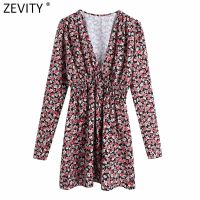 Zevity  Women Sexy Deep V Neck Floral Print Elastic Waist Shirt Dress Femme Chic Puff Sleeve Breasted Vestido Clothes DS4935