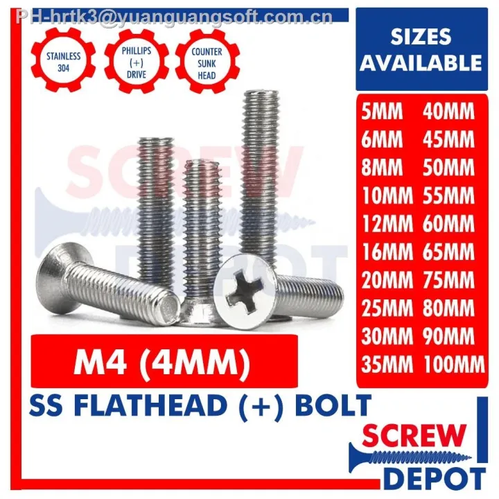 bolts and nuts 50/10PCS SS Flat Head M4 ( 4mm ) Stainless Flathead Bolt