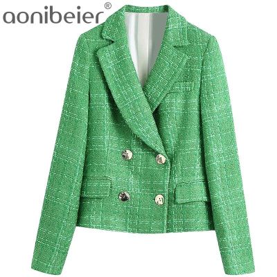 Za ชุดสูทผ้าทวีดลายสก๊อตสีเขียวเรียบง่าย,ชุดสูทพอดีตัวกระเป๋าสไตล์อังกฤษเสื้อกางเกงสั้นเสื้อโค้ท