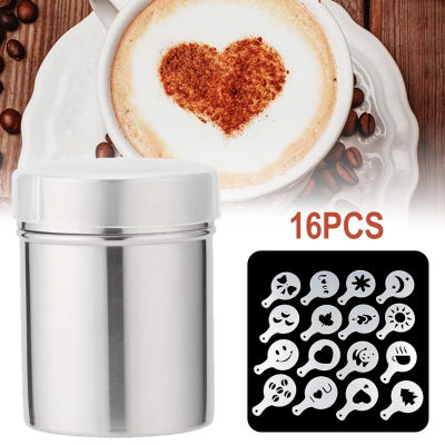 [จัดส่งฟรี] 1ชิ้นสแตนเลสที่ปัดกาแฟผงโกโก้ตะแกรงกาแฟ + 16ชิ้นแม่แบบกาแฟกระจายดอกไม้เสื่อสเปรย์ศิลปะกาแฟเครื่องมือ