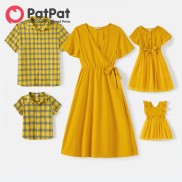 PatPat Family Matching 100% Cotton Yellow Plaid Shirts and Solid Surplice