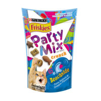 Purina Friskies Party Mix crunch สูตร Beachside ขนมแมว รสปลาทูน่า แซลมอนและสแนปเปอร์ ขนาด 60 กรัม สีฟ้า