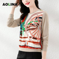 AOLINA 2022ฤดูใบไม้ร่วงใหม่ถักผู้หญิงแขนยาว High-End ซาตินพิมพ์เสื้อกันหนาว Casual Top