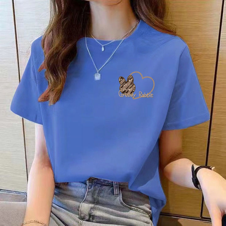 เสื้อยืดผู้หญิงเสื้อเชิ้ตสไตล์เกาหลีฤดูร้อนสีชมพูใหม่แขนสั้นพิมพ์ลายเรียบง่ายแฟชั่นลำลอง