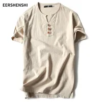 EERSHENSHI เสื้อยืดแขนสั้นผู้ชายผ้าลินินทรงหลวมขนาดพิเศษเสื้อยืดลำลองสะดวกสบายและระบายอากาศอินเทรนด์