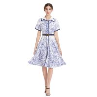 Women Dress Spot Real  Elegant Short Sleeve  Vintage Printed Midi Dress with Belt