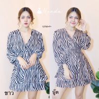 TW12708 Jumpsuit ลายม้าลายคอวีไขว้แขนยาว