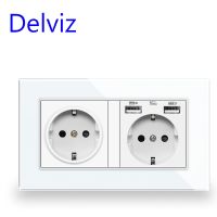 Delviz Double Outlet With USB Tempered Crystal Glass Panel 5V 2A USB charging Ports AC 110V 250V 16A EU Standard Wall Socket