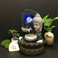 Resin Buddhist Statue Water Flowing Rockery Fountain Garden Micro Landscape Decor Led Light Fengshui Ball Good Luck Ornament