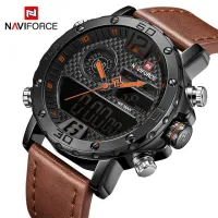 NAVIFORCE Mens นาฬิกาแบรนด์หรูผู้ชายหนังนาฬิกาสปอร์ตผู้ชายควอตซ์ LED นาฬิกาดิจิตอลนาฬิกาทหารกันน้ำนาฬิกาข้อมือ 9134