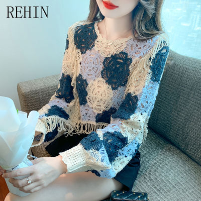 REHIN เสื้อลูกไม้ผู้หญิง2023เวอร์ชั่นเกาหลีใหม่ฤดูใบไม้ร่วงแขนยาว,เสื้อลูกไม้แบบสวมทางเรขาคณิตรูปแบบรอบคอ