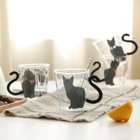 ☒❄ 1Pcs Creative Cat Glass Cups with Cat Tail Handle Coffee Glass Lovers Cups Milk Mug Lover Valentine 39;s Day Romantic Present