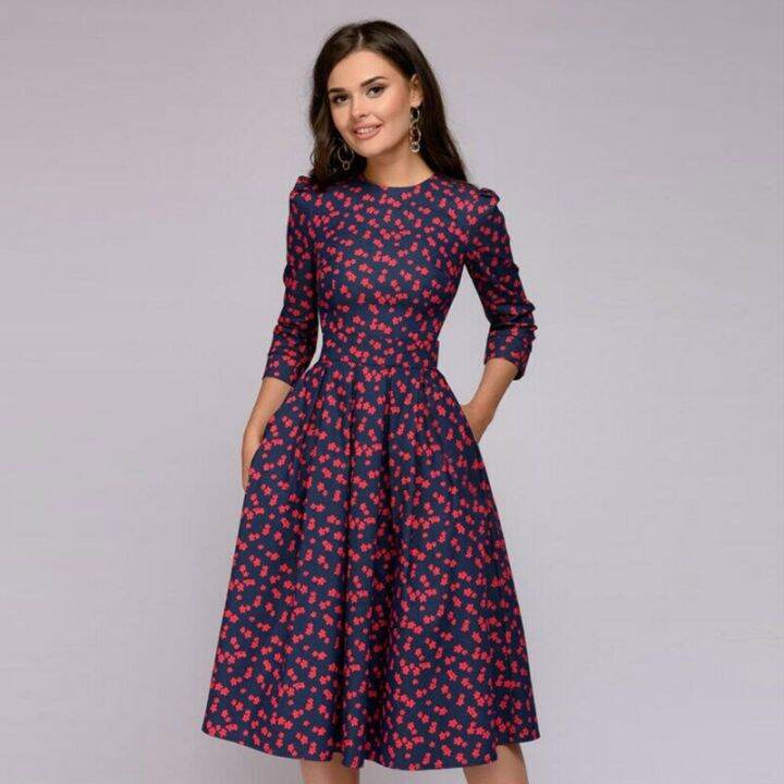 women-retro-tunic-3-4-long-sleeved-floral-print-bodycon-dresses-vintage-dress-elegant-ladies-dress