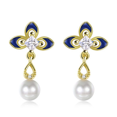 YINGRUIARNO Women Earring Painted pearl pendant inlaid zircon 18K electroplated gold studs