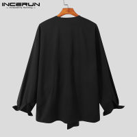 Incerun เสื้อเชิ้ตแขนยาวคอวีทรงหลวมสีพื้นแฟชั่นบุรุษ