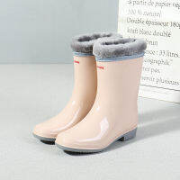 Pvc Water Shoes Women Thick Heel Mid Calf Boots Waterproof  Color Female Casual Rainboots for Rain Winter Warm Sock Boots