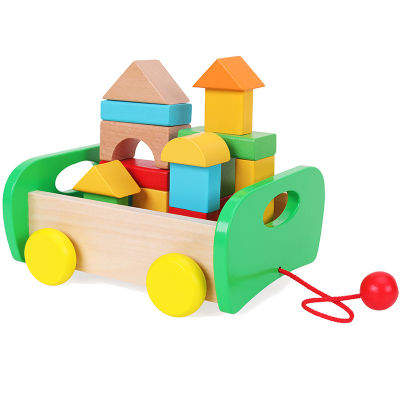 ตัวต่อเกมสร้างบล็อคไม้สำหรับเด็กรูปร่างความรู้ความเข้าใจเด็กแบบ DIY รถพ่วงซ้อนของเล่นอาคารรถบล็อก