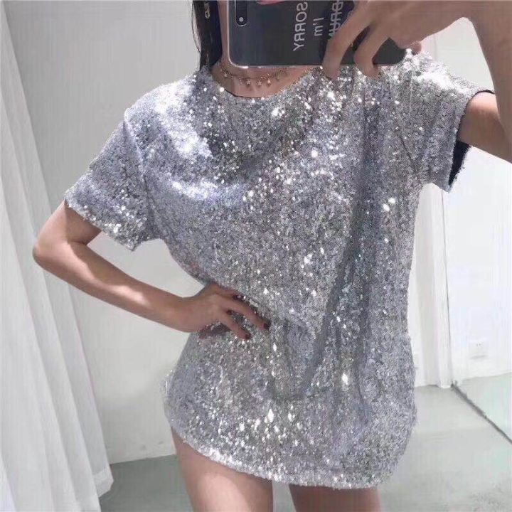 sequined-short-sleeved-t-shirt-for-women-2021-early-spring-new-korean-style-internet-celebrity-super-hot-bling-loose-top-half-sleeve-night-club-style