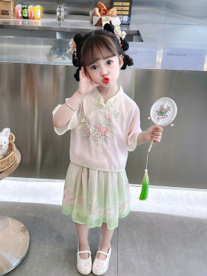 เด็กผู้หญิงรุ่นฤดูร้อนสำหรับเด็ก 2023 ใหม่สไตล์จีนชุดเด็กชุดฮั่นฟู่ชุดสองชิ้นสำหรับสาวน้อยชุดฤดูร้อน