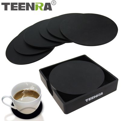 【CW】 TEENRA 6Pcs Non-slip Silicone Drinking Coaster Set Holder Cup Round Coffeee  Tabletop