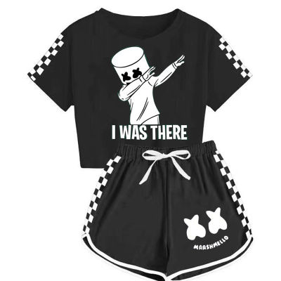 DJ Marshmello เสื้อยืดผู้หญิง,ชุดครอบครัวการ์ตูนพิมพ์ลายแขนสั้นผ้าฝ้าย2ชิ้นสำหรับชุดนอนนุ่ม