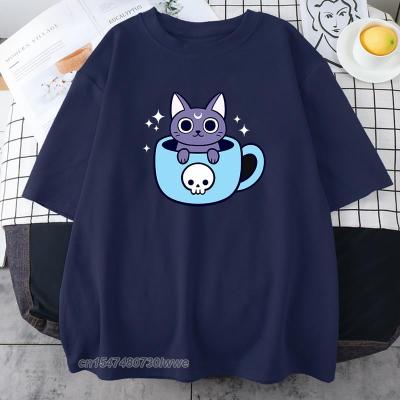 Coffee Cup Black Cat Prints Womens Tshirts Hip Hop S-Xxxl T-Shirts Style Soft Fashion Comfortable T-Shirts Female