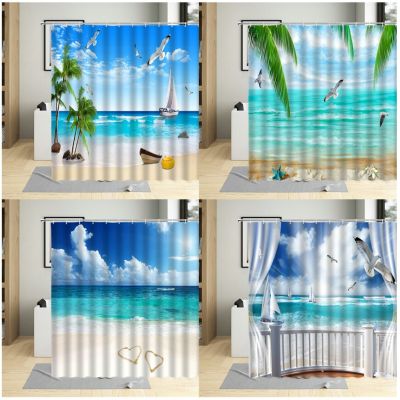 Summer Seaside Shower Curtain Sandy Beach Seagulls Coconut Trees Blue Ocean Scenery Bath Curtains Bathroom Decor With Hooks Sets