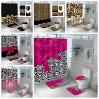 Girly Pink Red Ribbon Leopard Print Waterproof Shower Curtain Set With Cheetah Leopard Carpets 3PC Toilet Cover Bath Rug Doormat