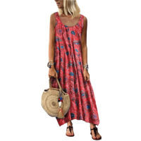 Spot parcel post2022 Zhuocai European and American Womens Clothing Hot Summer Casual Holiday Floral Print round Neck Floral Sleeveless Dress