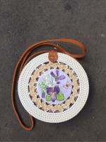 Floral Graphic Round 20cm Diameter Adjustable Strap Rattan Sling Bag for Women
