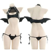 Sexy Devil Cosplay Lingerie Women Hollow Out Leather Underwear Top Wing Panty Set Anime Demon Bandage Bodysuit Halloween Costume