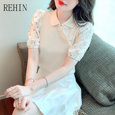 REHIN เสื้อสไตล์เกาหลีแบบใหม่แขนสั้นผู้หญิง,เสื้อแขนสั้นลายดอกไม้ประกบสง่างามแฟชั่นฤดูร้อน