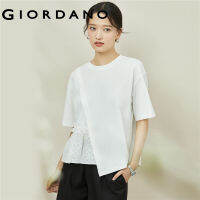 GIORDANO Women T-Shirts Asymmetrical Collage Ruffle Fashion Tee 100% Cotton Short Sleeve Crenweck Simple Casual Tshirts 18323201