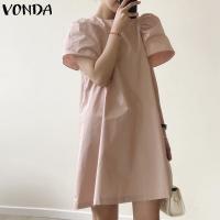 （A So Cute）✔♧VONDA เสื้อเสื้อยืดคอกลมจีบแขนสั้นผู้หญิงชุดมินิเดรสเกาหลีฤดูร้อน