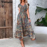 【CC】 2023 Print V Neck Short Sleeve Elastic Waist A-line Dresses