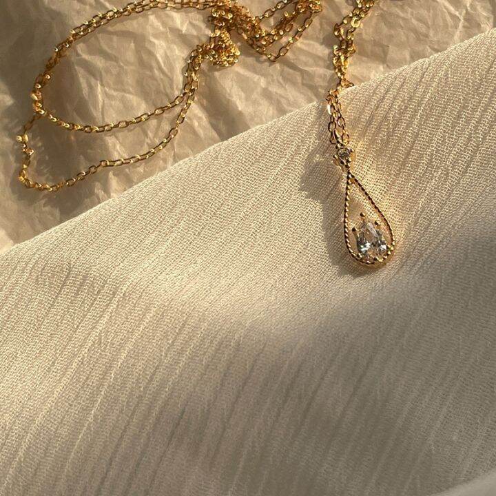 french-vintage-shining-zircon-water-drop-pendant-necklace-fairy-female-gold-color-silvery-simple-clavicle-chain-necklace-jewelry