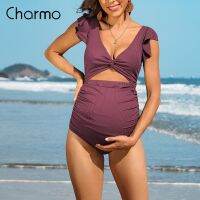 Charmo คุณแม่คุณแม่ชุด Monokini เดียวผู้หญิงชุดว่ายน้ำแสนสบายสีล้วนเซ็กซี่เว้าลึกคอวีกลวงออกชุดว่ายน้ำ Falbala ผูกปม