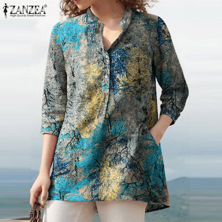 จัดส่งฟรี-zanzea-เสื้อเบลาส์ผ้าฝ้ายของผู้หญิง-เสื้อสวมศีรษะแนววินเทจมีกระดุมที่แขน3-4ส่วนจำหน่ายโดย-fancystyle