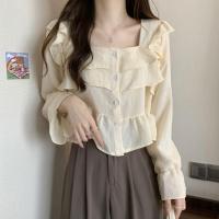 Spot parcel post Large Size French Square Collar Ruffled Long Sleeve Shirt Clothes Autumn Fat Sister Design Sense Fashionable Hiding Fat Short Top