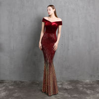 GOWN Bridal Wedding Bridesmaids Debut Entourage Formal Classic one-shoulder mermaid evening dress female elegant banquet annual meeting temperament velvet aura queen