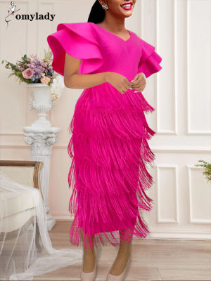 Women Tassel Dresses Bodycon Party Prom Midi Length Big Sleeve Fringe Dress Evening Birthday Celebrity Outfits Large Size 4XL