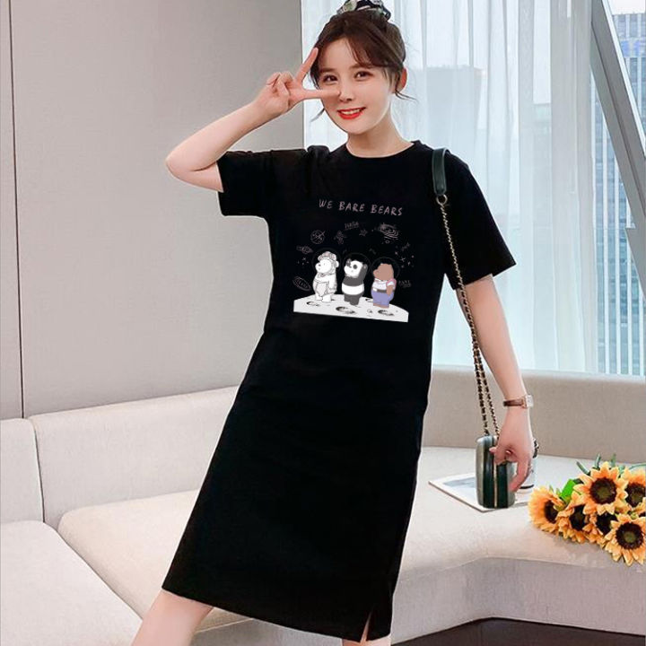 q237-กระโปรงเกาหลีของผู้หญิง-เดรสเสื้อยืดพิมพ์ลายทรงหลวมกระโปรงฤดูร้อน
