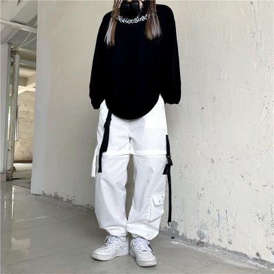‘；’ MEXZT Streetwear Women Drawstring Cargo Pants High Waist Spliced Hollow Out Wide Leg Trousers Harajuku Casual Removable Techwear